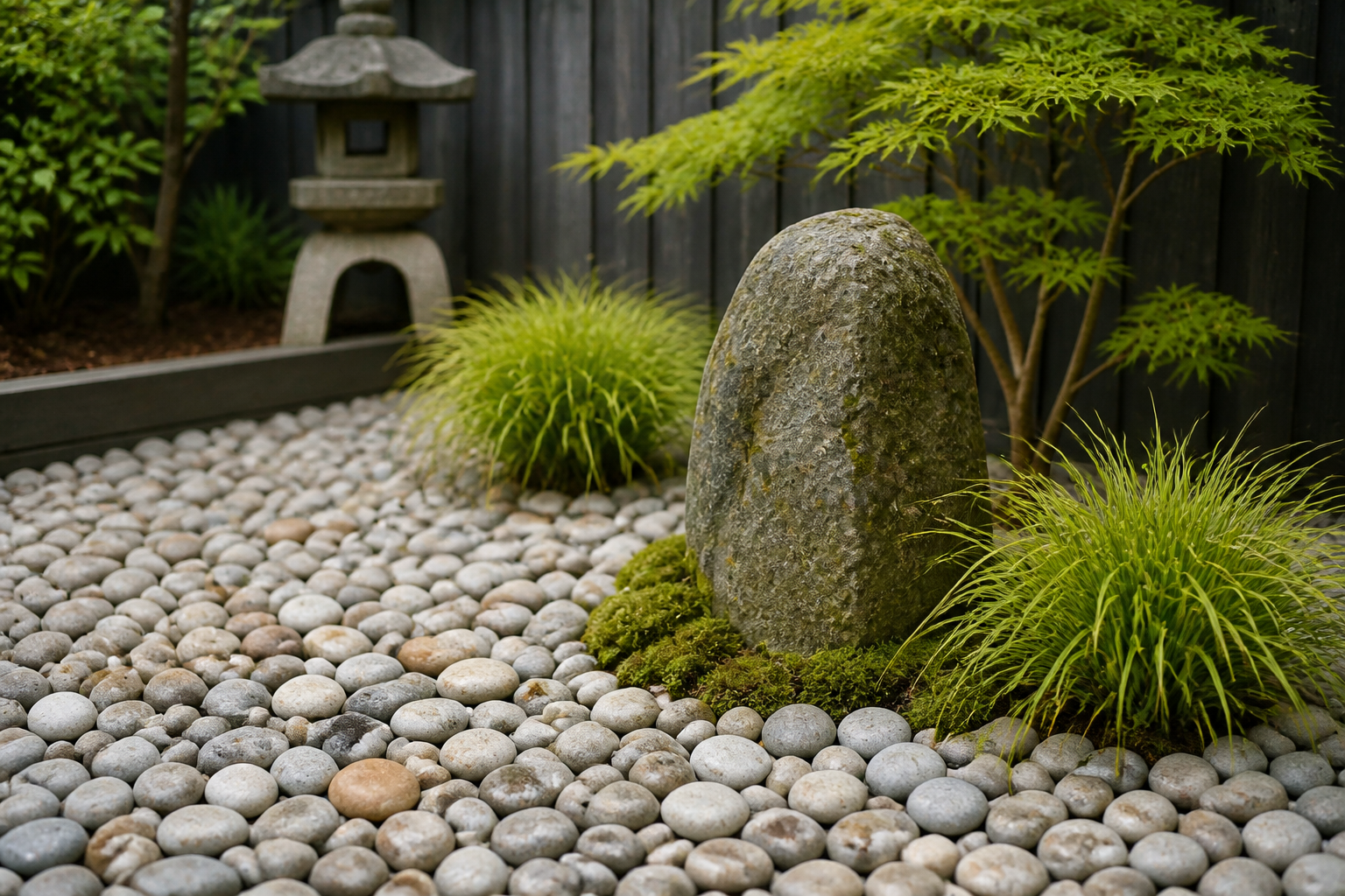 Clean Japanese-inspired courtyard garden with flat multicoloured river pebbles in beige, brown, grey and cream, a mossy boulder, Japanese maple and forest grass