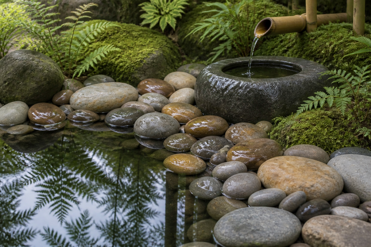 Japanese garden water feature with a stone basin and still pond, lined with wet and dry flat multicoloured river pebbles in beige, brown, grey and cream, with ferns and moss