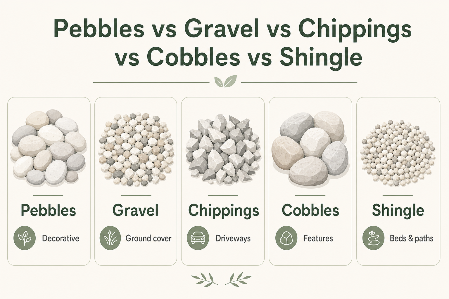 White garden stone formats compared: pebbles (decorative), gravel (ground cover), chippings (driveways), cobbles (features) and shingle (beds and paths)