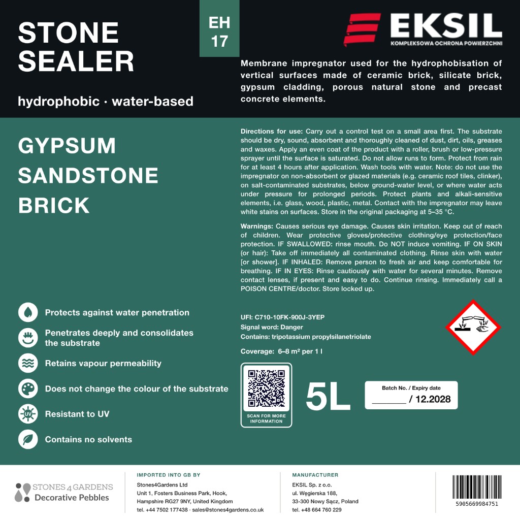 EKSIL EH17 Stone Sealer 5L label — hydrophobic water-based impregnator for porous natural stone, brick and pebbles